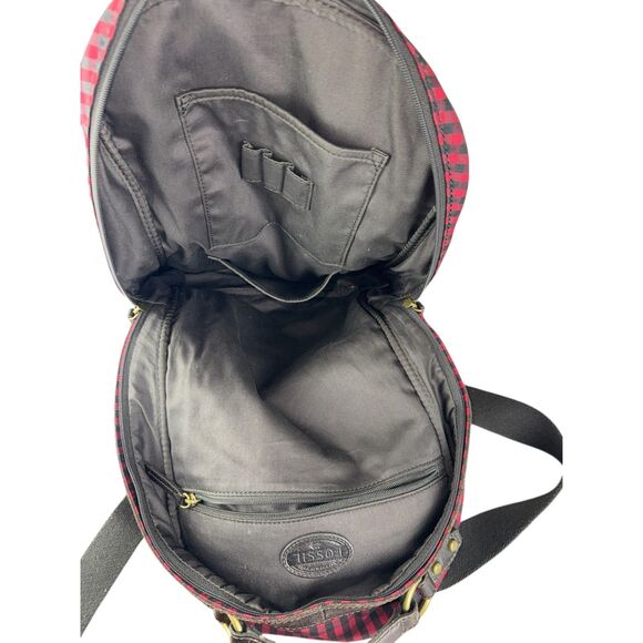 Fossil Plaid Backpack Red Tartan Canvas Bag Leather Trim Travel Work School - Picture 7 of 9